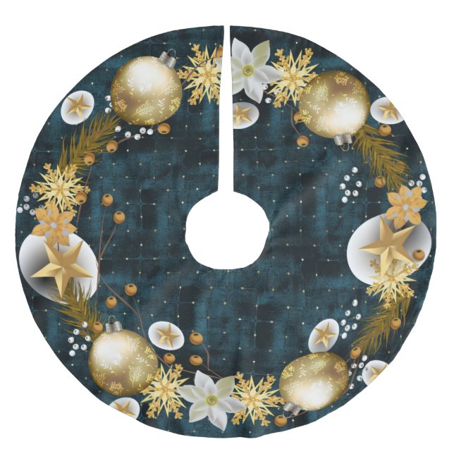 Dark Teal Velvet Gold Baubles Christmas Wreath Brushed Polyester Tree Skirt (Front)