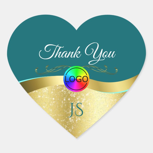 Dark Teal Wavy Gold with Logo Monogram Thank You Heart Sticker (Front)