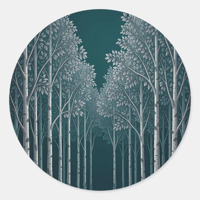 Dark Teal White Birch Forest Trees  Classic Round Sticker (Front)