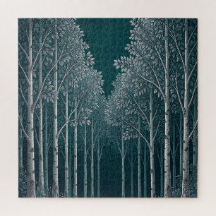 Dark Teal White Birch Forest Trees Jigsaw Puzzle