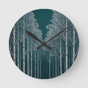 Dark Teal White Birch Forest Trees Round Clock