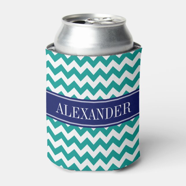 Dark Teal White Chevron Navy Name Monogram Can Cooler (Can Front)