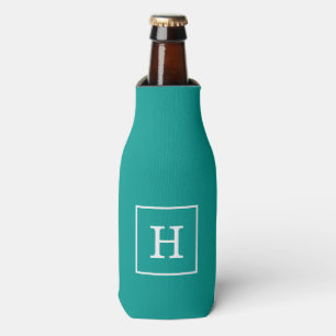 Dark Teal White Framed Initial Monogram Bottle Cooler