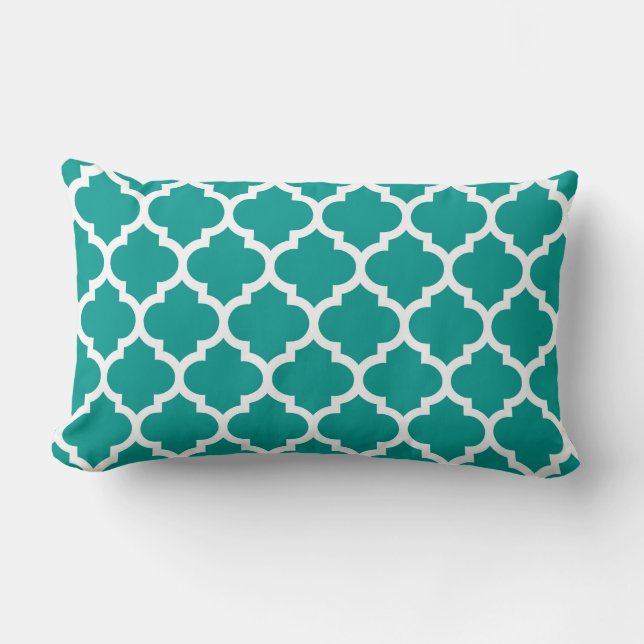 Dark Teal White Moroccan Quatrefoil Pattern #5 Lumbar Cushion (Front)