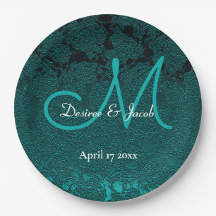 Dark Teal White Turquoise Elegant Wedding Monogram Paper Plate