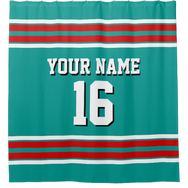 Dark Teal with Red White Stripes Sports Jersey Shower Curtain (Front)