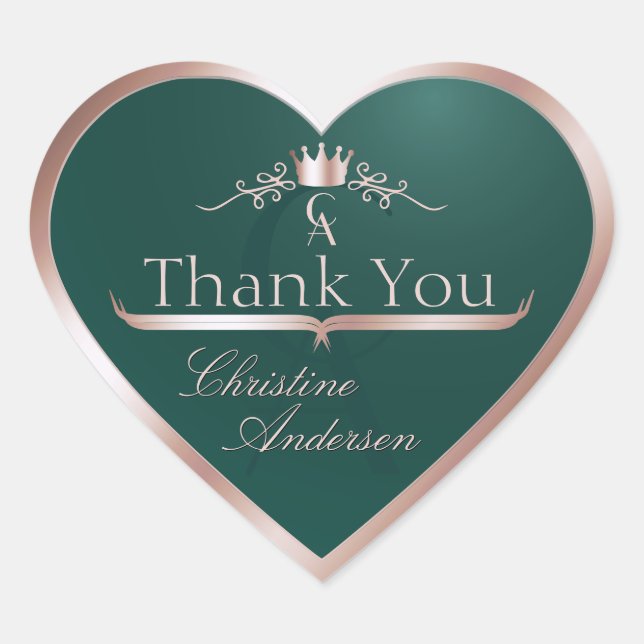 Dark Teal with Rose Gold Frame Monogram Thank You Heart Sticker (Front)