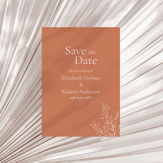 Dark Terracotta Botanical Save the Date Invitation (Dark Terracotta Botanical Save the Date Invitation on a sunny dry palm leaf.)