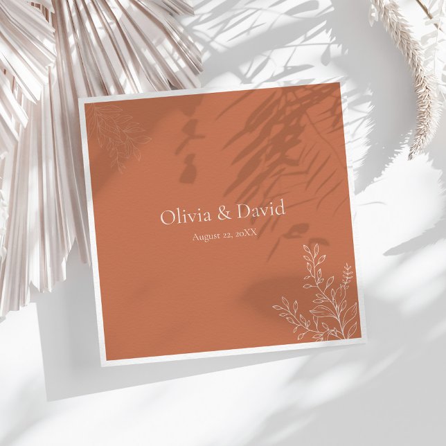 Dark Terracotta Botanical Wedding Napkin (Dark Terracotta Botanical Wedding Napkin on a white wedding table with dry neutral botanicals.)