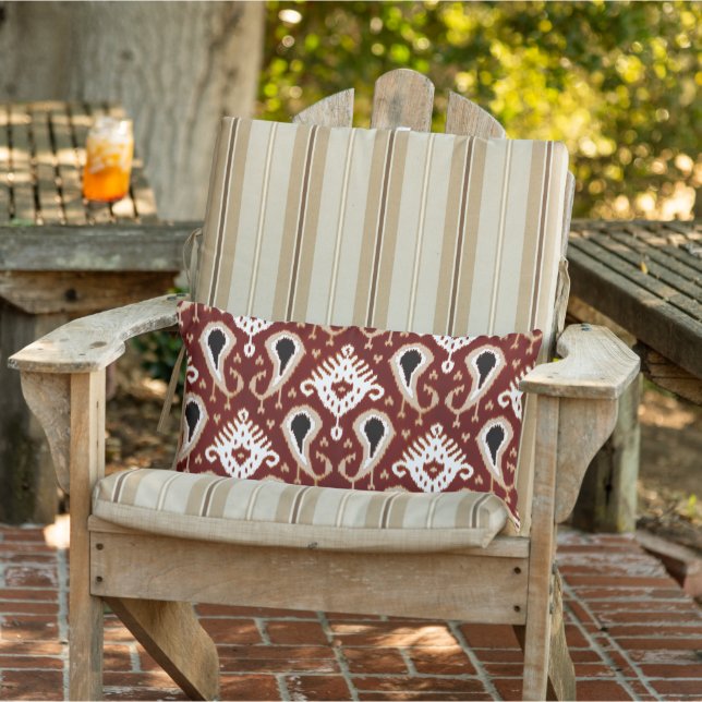 Dark Terracotta Red Taupe Brown Ikat Tribal Art Lumbar Cushion (Chair)
