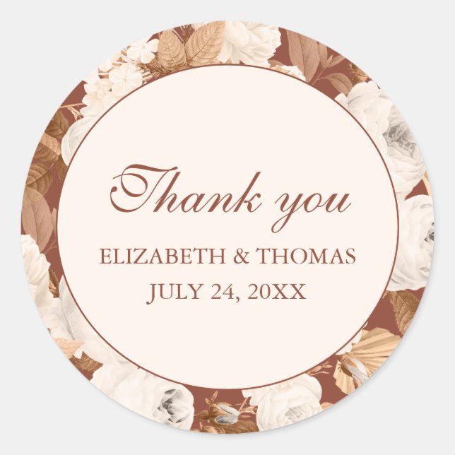 Dark Terracotta Thank You Round Sticker with Peony (Front)