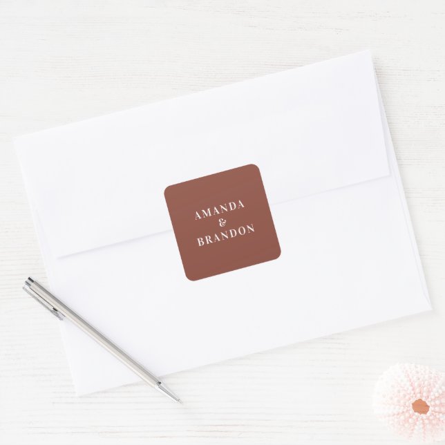 Dark Terracotta White Modern Minimalist Wedding Square Sticker (Envelope)
