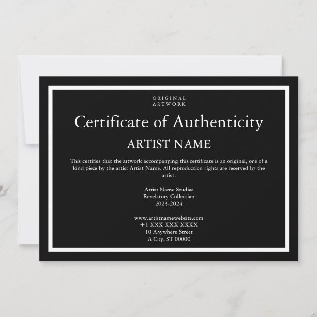 Dark Theme Certificate of Authenticity for Art Holiday Card (Front)
