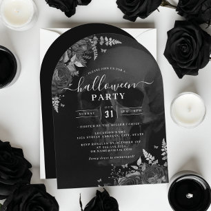 Dark Theme Floral Skull Halloween Party  Invitation