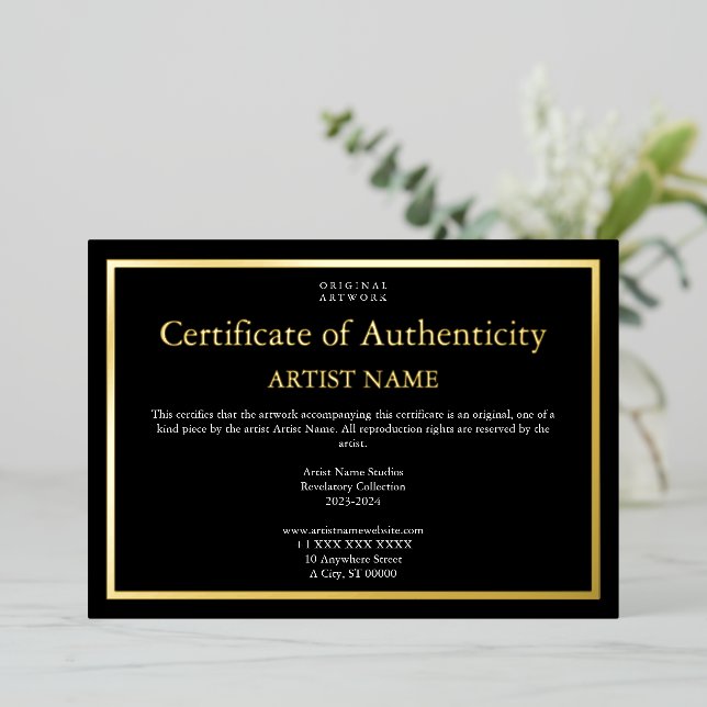 Dark Theme Gold Foil Certificate of Authenticity Holiday Card (Standing Front)
