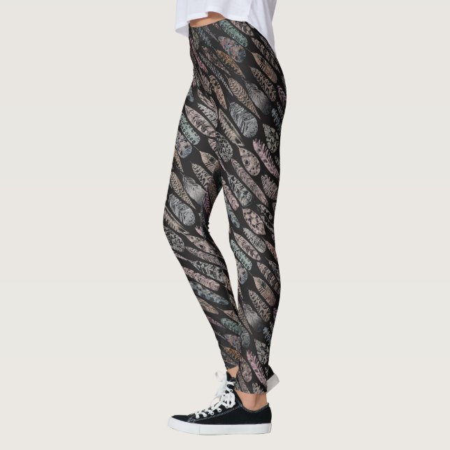 Dark Tone Feather Pattern on Black Printed Legging (Left)