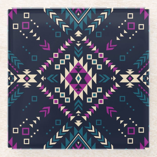 Dark tribal Navajo, vintage geometric. Glass Coaster (Front)