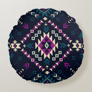 Dark tribal Navajo, vintage geometric. Round Cushion