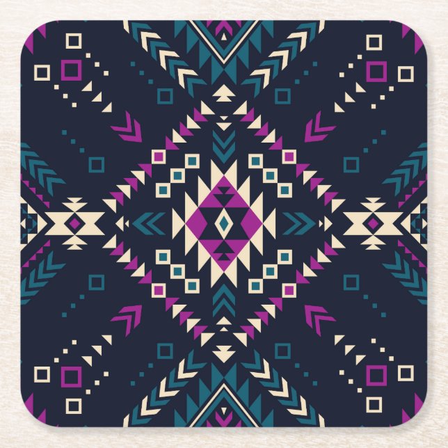 Dark tribal Navajo, vintage geometric. Square Paper Coaster (Front)