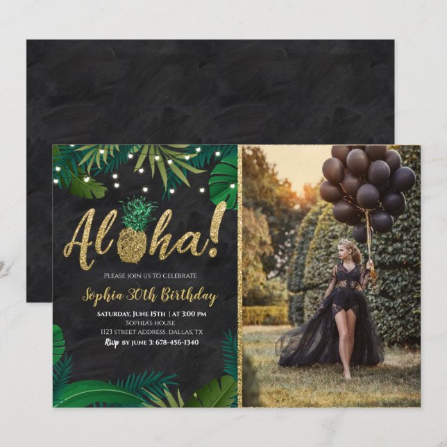 Dark Tropical Aloha Birthday Invitation With Photo (Front/Back)