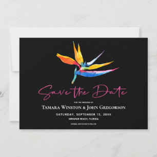 Dark Tropical Bird of Paradise Pink Beach Wedding Save The Date