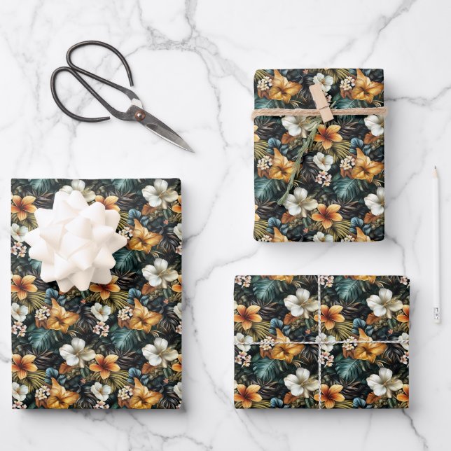 Dark Tropical Floral Wrapping Paper Sheet (Front)
