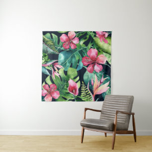 Dark Tropical Hibiscus Floral Paradise Backdrop Tapestry