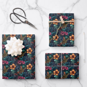 Dark Tropical Hibiscus & Leaves Wrapping Paper Sheet