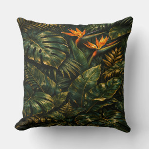Dark Tropical Monstera Gold Botanical Pillow