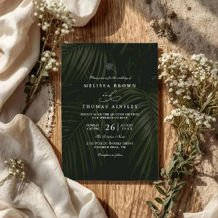 Dark Tropical Palm Leaves Elegant QR Code Wedding Invitation