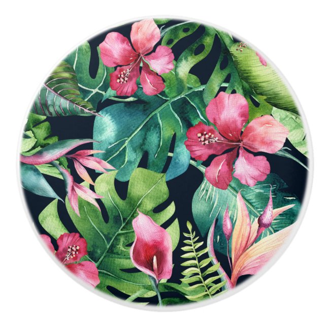 Dark Tropical Palm Leaves Hibiscus Floral Island Ceramic Knob (Front)