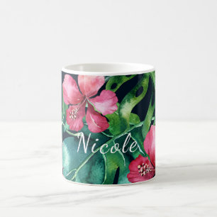 Dark Tropical Palm Leaves Hibiscus Floral Island Coffee Mug