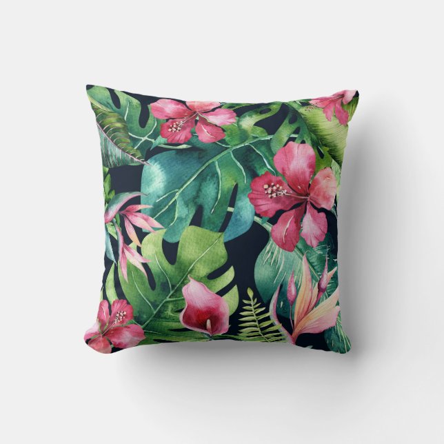 Dark Tropical Palm Leaves Hibiscus Floral Island Cushion (Front)