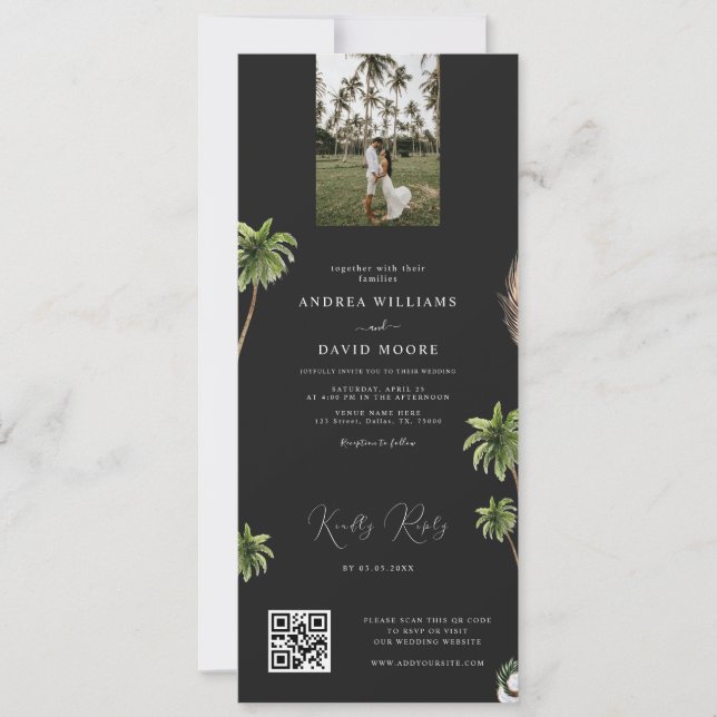 Dark Tropical Palm Tree Photo QR Code RSVP Wedding Invitation (Front)