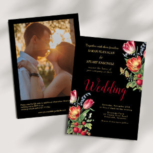 Dark Tulips Strawberries Photo QR Code Wedding  Invitation