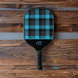 Dark Turquoise and Black Buffalo Plaid Monogram Pickleball Paddle