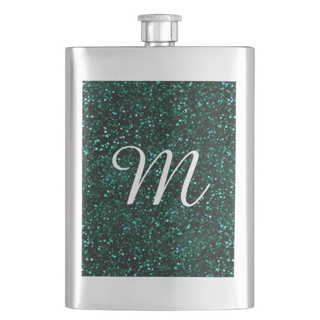 Dark Turquoise Blue Green Glitter Hip Flask (Front)