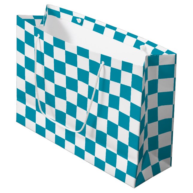 Dark turquoise checkered  large gift bag (Front Angled)
