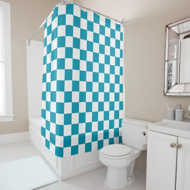 Dark turquoise chequered  shower curtain (In Situ)