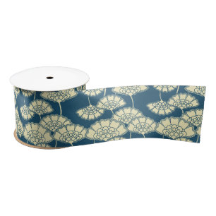 Dark turquoise floral Japanese pattern Satin Ribbon