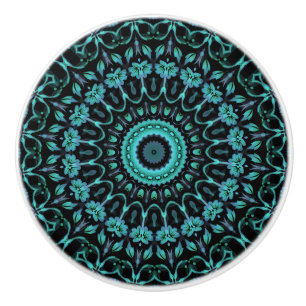 Dark Turquoise Floral Mandala Ceramic Knob