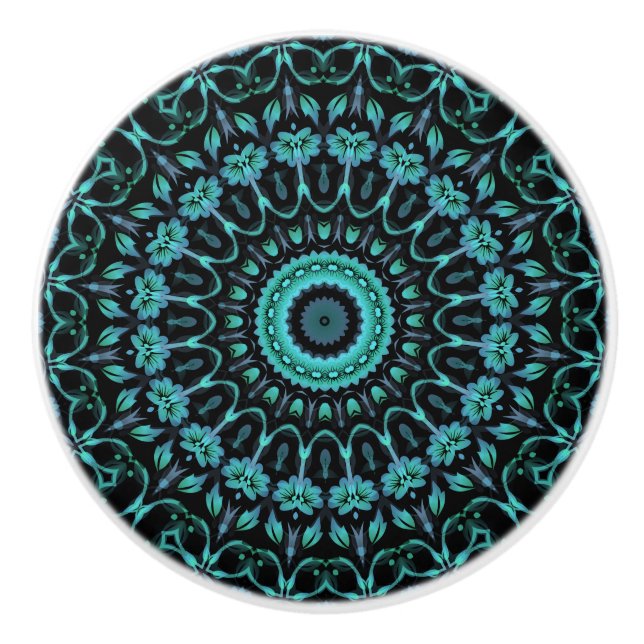 Dark Turquoise Floral Mandala Ceramic Knob (Front)