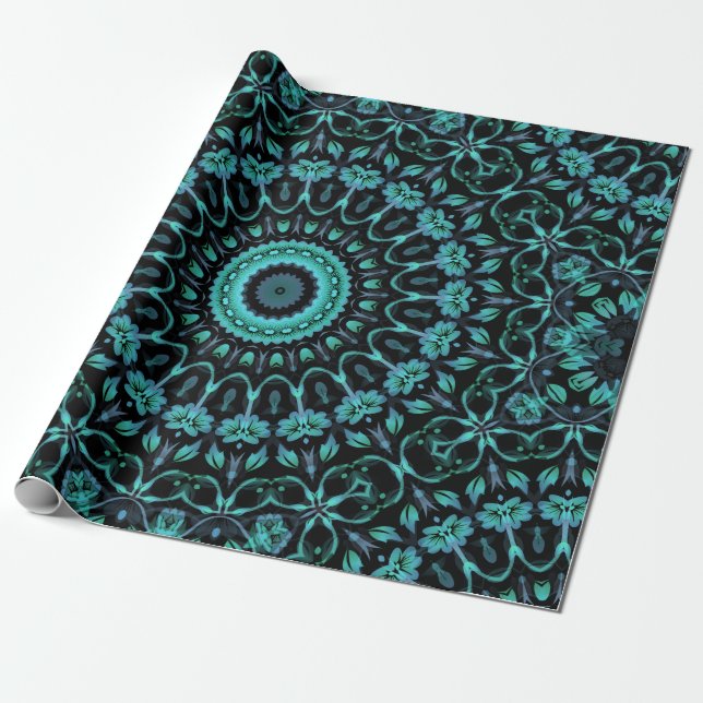 Dark Turquoise Floral Mandala Wrapping Paper (Unrolled)