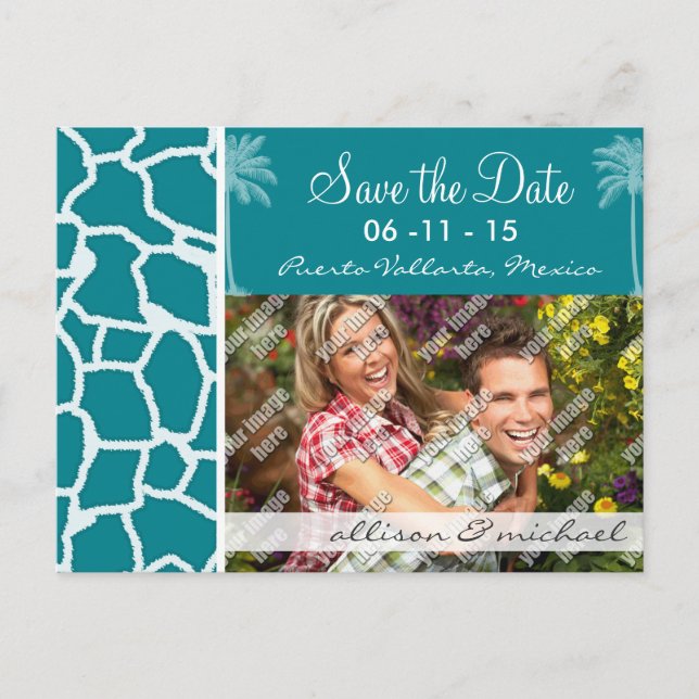 Dark Turquoise Giraffe Print; Summer Palm Announcement Postcard (Front)