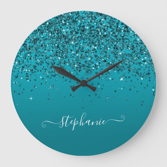 Dark Turquoise Glittery Gradient Girly Calligraphy Large Clock (Front)