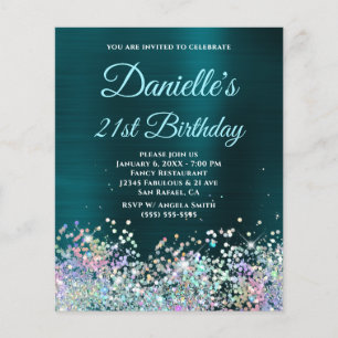 Dark Turquoise Holo Glitter 21st Birthday Invite