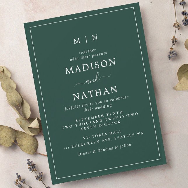 Dark Turquoise Minimalist Monogram Wedding Invitation (Creator Uploaded)