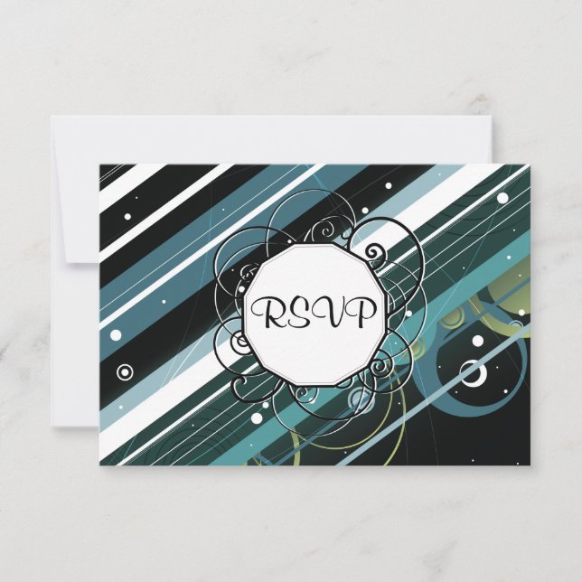 Dark Turquoise Modern-Retro Stripes with Monogram RSVP Card (Front)