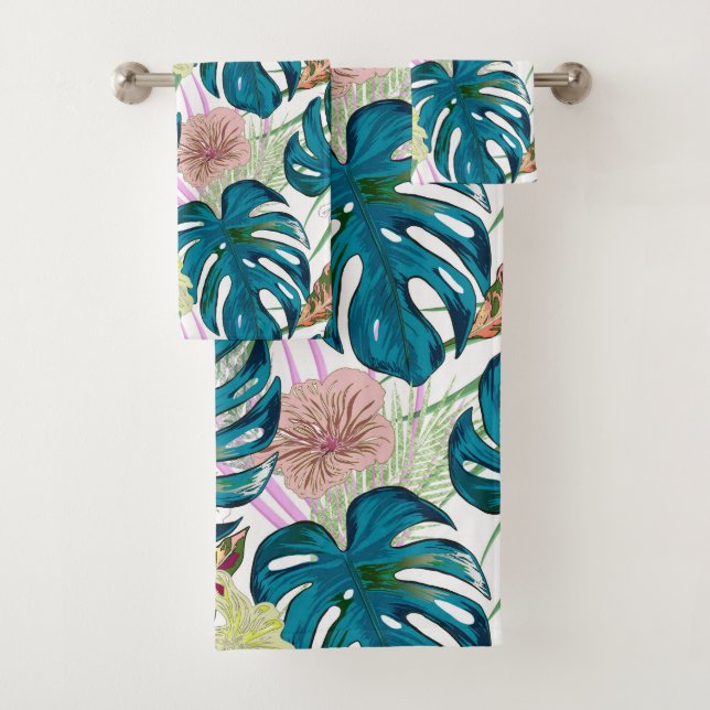 Dark turquoise monstera, delicate peach and yellow bath towel set (Insitu)
