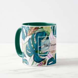 Dark turquoise monstera, delicate peach and yellow mug
